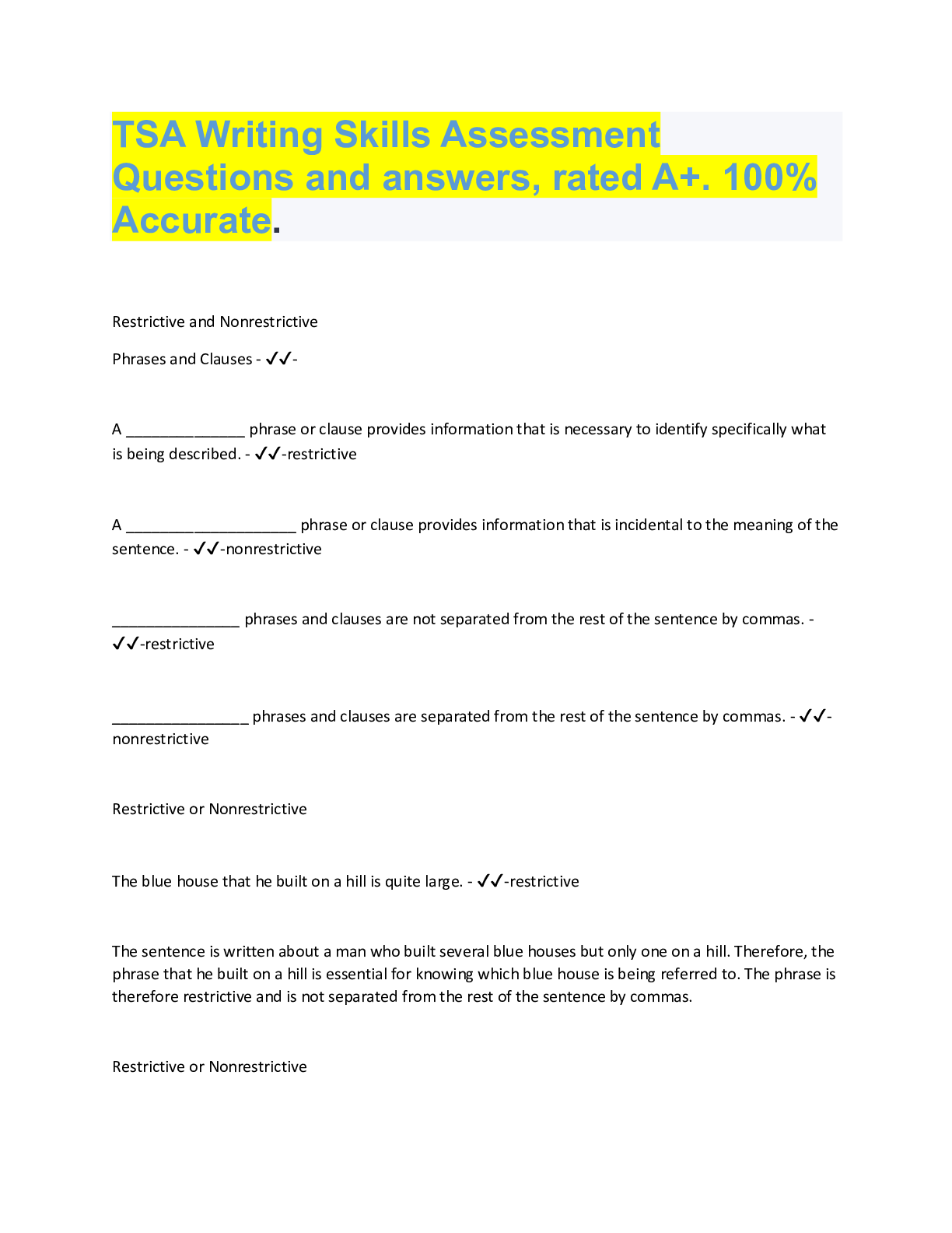 Preview image for TSA Writing Skills Assessment Questions and answers, rated A+. 100%  Accurate.